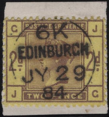 142206 1884 STAMP COMMITTEE DE LA RUE 2D PURPLE ON YELLOW PERFORATED UNWATERMARKED PAPER COLOUR TRIAL (SG189), EDINBURGH TRIAL CANCELLATION.