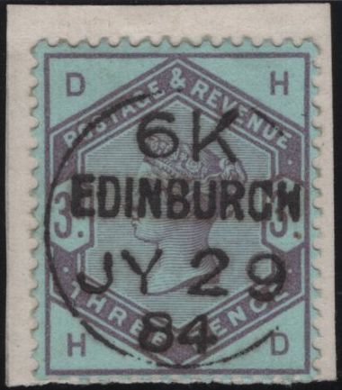 142207 1884 STAMP COMMITTEE DE LA RUE 3D PURPLE ON PALE BLUE PERFORATED UNWATERMARKED PAPER COLOUR TRIAL (SG191), EDINBURGH TRIAL CANCELLATION.