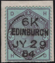 142207 1884 STAMP COMMITTEE DE LA RUE 3D PURPLE ON PALE BLUE PERFORATED UNWATERMARKED PAPER COLOUR TRIAL (SG191), EDINBURGH TRIAL CANCELLATION.