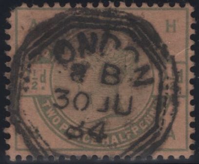 142208 1884 STAMP COMMITTEE DE LA RUE 2½D GREEN ON BUFF PERFORATED UNWATERMARKED PAPER COLOUR TRIAL (SG190), LONDON OCTAGONAL CANCELLATION.