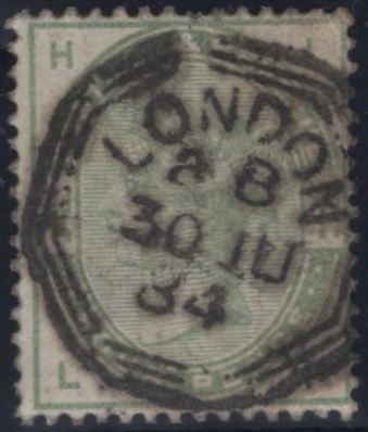 142209 1884 STAMP COMMITTEE DE LA RUE 4D COLOUR TRIAL IN ISSUED COLOUR OF DULL GREEN ON WHITE PERFORATED  WATERMARKED PAPER (SG192) 'LONDON' OCTAGONAL TRIAL CANCELLATION.
