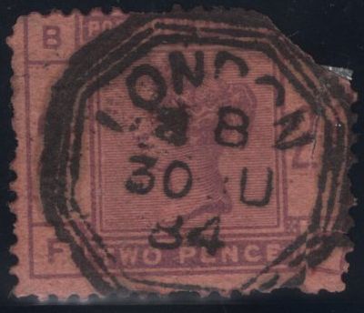 142210 1884 STAMP COMMITTEE DE LA RUE 2D COLOUR TRIAL IN PURPLE ON PINK PERFORATED UNWATERMARKED PAPER (SG189), 'LONDON' OCTAGONAL TRIAL CANCELLATION.