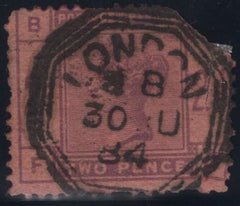 142210 1884 STAMP COMMITTEE DE LA RUE 2D COLOUR TRIAL IN PURPLE ON PINK PERFORATED UNWATERMARKED PAPER (SG189), 'LONDON' OCTAGONAL TRIAL CANCELLATION.