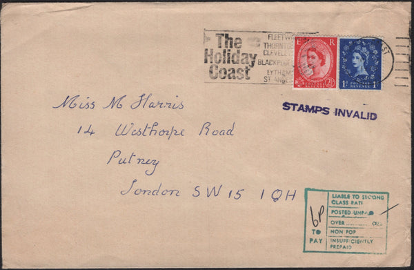 142211  1973 MAIL TO LONDON WITH 1D AND 2½D WILDING 'STAMPS INVALID' HANDSTAMP.