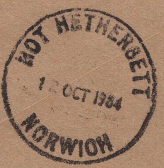 142213 1984 MAIL USED IN NORWICH WITH 'NOT HETHERSETT/NORWICH' SKELETON TYPE DATE STAMP.