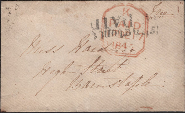 142214 1845 MAIL LONDON TO BARNSTAPLE WITH SILVER WAFER SEAL DEPICTING A STEAM SHIP 'THE DEPARTURE'.