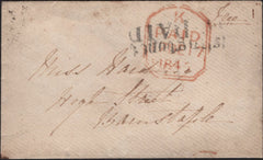 142214 1845 MAIL LONDON TO BARNSTAPLE WITH SILVER WAFER SEAL DEPICTING A STEAM SHIP 'THE DEPARTURE'.