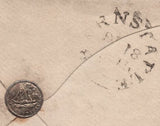 142214 1845 MAIL LONDON TO BARNSTAPLE WITH SILVER WAFER SEAL DEPICTING A STEAM SHIP 'THE DEPARTURE'.