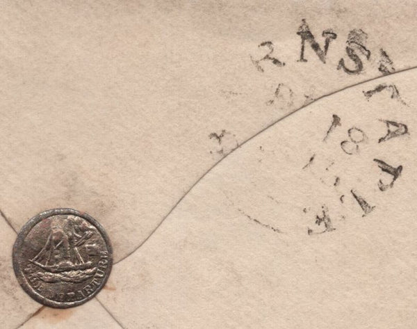 142214 1845 MAIL LONDON TO BARNSTAPLE WITH SILVER WAFER SEAL DEPICTING A STEAM SHIP 'THE DEPARTURE'.