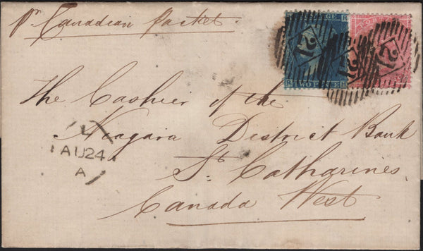 142217 1859 MAIL LONDON TO ST. CATHERINES, CANADA WEST 2D BLUE PL.7 (SG45) AND 4D CARMINE (SG66a).