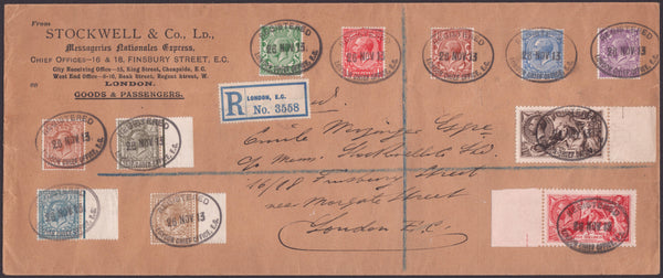 142224 1913 REGISTERED MAIL USED IN LONDON WITH VERY RARE WATERLOW 2/6 (SG399), 5S (SG401) SEAHORSES AND VARIOUS LOW VALUES.