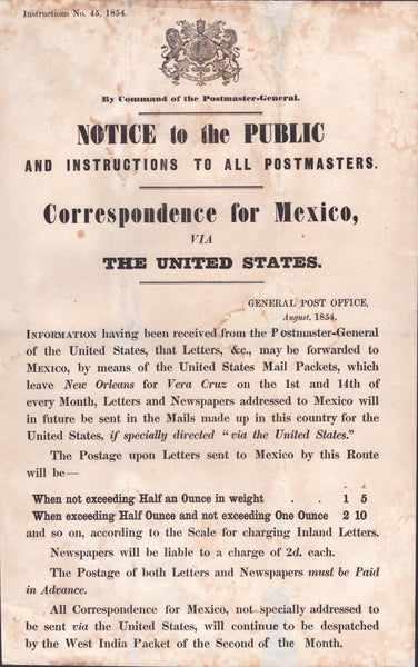 142225 1854 POSTAL NOTICE 'Correspondence for Mexico, VIA THE UNITED STATES'.