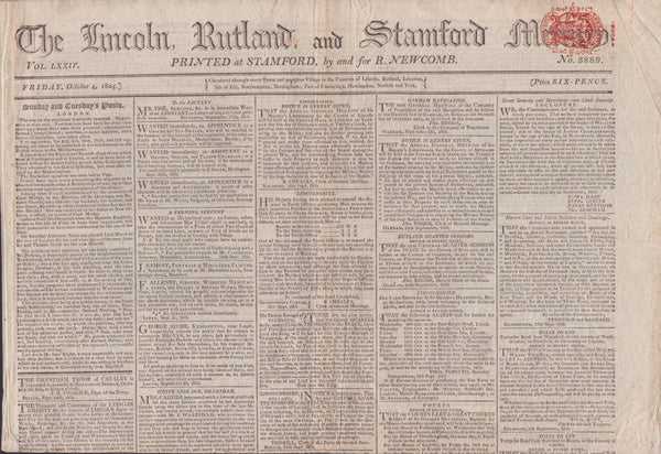 142228 THE 'STAMFORD MERCURY' NEWSPAPER, GROUP OF SEVEN ITEMS INCLUDING 1805 NEWSPAPER AND LATER USAGES.
