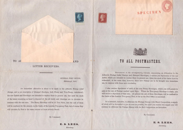 142229  1841 POSTAL NOTICE 'TO ALL POSTMASTERS, SUB-POSTMASTERS, AND LETTER RECEIVERS' FROM E.S.LEES  'GENERAL POST OFFICE EDINBURGH 1841' INTRODUCING THE PENNY RED (SG8), THE TWO PENNY BLUE (SG14) AND THE NEW POSTAL STATIONERY (SPEC PN8).