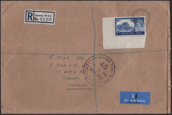 142234 1965 REGISTERED AIRMAIL LONDON TO CANADA WITH 10S CASTLE.
