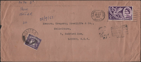 142237 1958 UNDERPAID MAIL BLANDFORD FORUM, DORSET TO LONDON WITH 3D COMMONWEALTH GAMES AND POSTAGE DUE.
