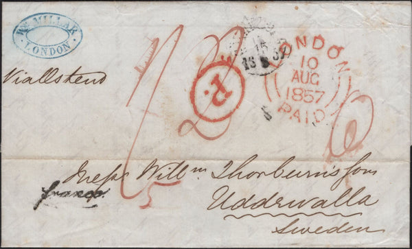 142238 1857 MAIL LONDON TO UDDEVALLA, SWEDEN, POST PAID.