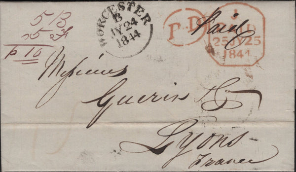 142243 1844 MAIL WORCESTER TO LYON, FRANCE, POST PAID.