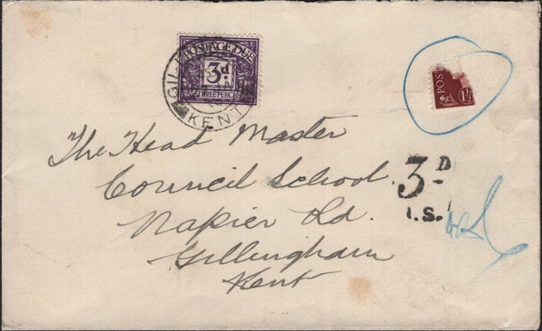 142265 1939 UNDERPAID MAIL/VERY DAMAGED STAMP TO GILLINGHAM, KENT WITH POSTAGE DUE.