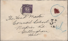 142265 1939 UNDERPAID MAIL/VERY DAMAGED STAMP TO GILLINGHAM, KENT WITH POSTAGE DUE.