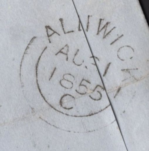 142280 1855 MAIL NORWICH TO ALNWICK DIE 2 1D (SPEC C6) WITH 'ST. STEPHENS'  HANDSTAMP IN BLUE (NK324r)..