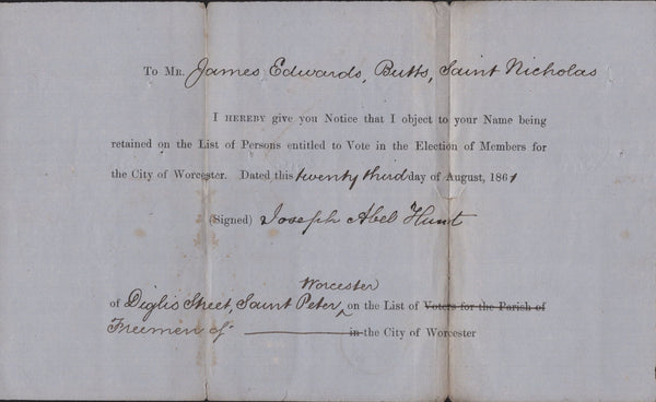 142288 1861 'NOTICE OF OBJECTION'  MAIL USED LOCALLY IN WORCESTER WITH STRIP OF THREE DIE2 1D (SG40).