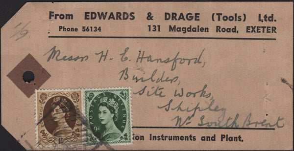 142289 CIRCA 1960 PARCEL TAG EXETER TO SOUTH BRENT, DEVON WITH WILDINGS 1s and  9d