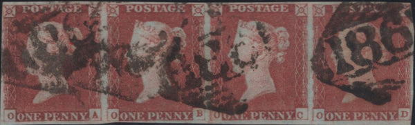 142300 1847 1D PL.74 (SG8) STRIP OF FOUR, GOOD USED.