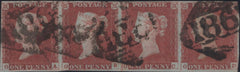 142300 1847 1D PL.74 (SG8) STRIP OF FOUR, GOOD USED.