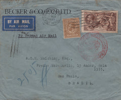 142314 1935 AIRMAIL LONDON TO BRAZIL WITH 2/6 SEAHORSE (SG450) AND KGV 1s.