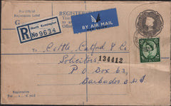 142327 1960 REGISTERED AIRMAIL NORTH KENSINGTON, LONDON TO BARBADOS.