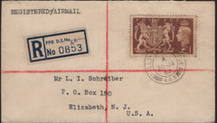 142337 1953 REGISTERED AIRMAIL 'FPO 443' (MALTA) TO USA WITH SINGLE USAGE KGVI £1 BROWN (SG512)