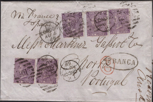 142347 1869 MAIL LONDON TO OPORTO, PORTUGAL WITH 6D MAUVE PL.8 (SG109) X 5.