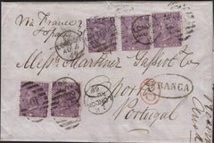 142347 1869 MAIL LONDON TO OPORTO, PORTUGAL WITH 6D MAUVE PL.8 (SG109) X 5.