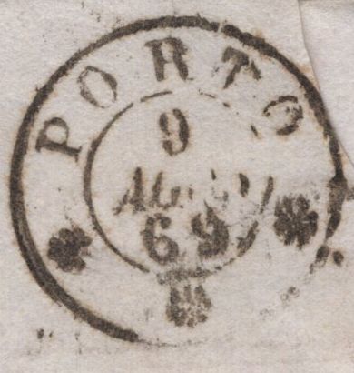 142347 1869 MAIL LONDON TO OPORTO, PORTUGAL WITH 6D MAUVE PL.8 (SG109) X 5.