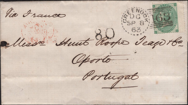 142348 1863 MAIL GREENOCK TO OPORTO, PORTUGAL 1S GREEN (SG90) 'GREENOCK/163' DOTTED CIRCLE DUPLEX TYPE 2.