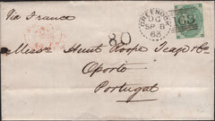 142348 1863 MAIL GREENOCK TO OPORTO, PORTUGAL 1S GREEN (SG90) 'GREENOCK/163' DOTTED CIRCLE DUPLEX TYPE 2.