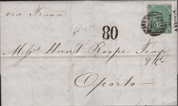 142349 1866 MAIL LONDON TO OPORTO, PORTUGAL 1D GREEN (SG101).