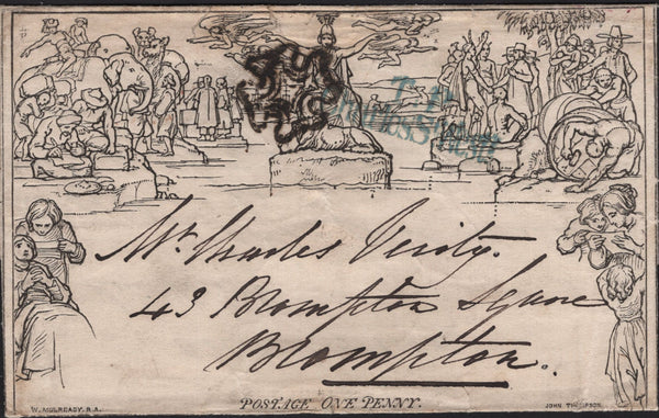 142353 1840 1D MULREADY WRAPPER USED WITHIN LONDON, BLACK MALTESE CROSS AND 'T.P/CharlesSt Westr' RECEIVERS HANDSTAMP IN BLUE.