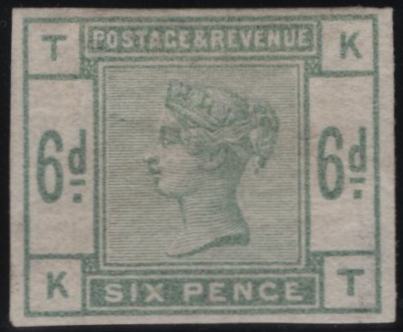 142358 1884 6D GREEN (SG194) IMPERFORATE IMPRIMATUR (KT) FINE.