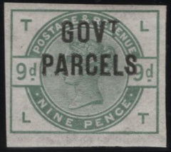 142362 1883-1886 9D DULL GREEN 'GOVT./PARCELS' (SG063) IMPERFORATE IMPRIMATUR (LT) VERY FINE.