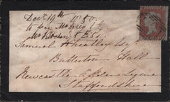 142370 1850 MOURNING ENVELOPE WAKEFIELD, YORKS TO STAFFORDSHIRE 1D ARCHER EXPERIMENTAL PERFORATION PL.97 (SG16b).