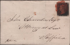 142373 1841 MAIL WAKEFIELD TO SHEFFIELD 1D BLACK PL.8 (SG2) CANCELLED RED MALTESE CROSS FEBUARY 9TH 1841, THE LAST DAY OFFICIAL USAGE RED INK AS A CANCELLATION.