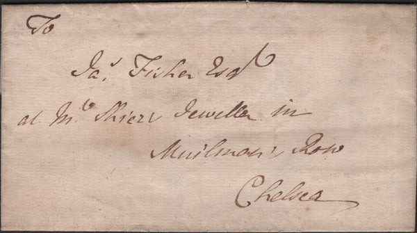 142383 1763 MAIL CHANCERY LANE TO CHELSEA WITH TEMPLE DOCKWRA HANDSTAMP 'REVERSED 'N' IN ' PENY (L357a).
