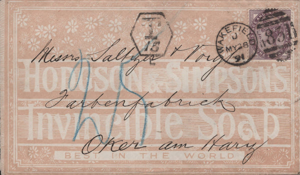 142387 1891 ADVERTISING ENVELOPE 'HODGSON AND SIMPSON'S INVINCIBLE SOAP' WAKEFIELD TO GERMANY.