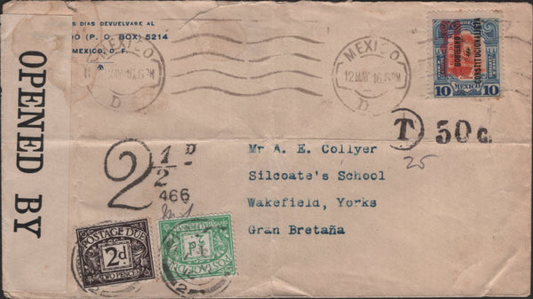 142388 1916 UNDERPAID MAIL MEXICO TO WAKEFIELD WITH CHARGEMARK AND POSTAGE DUES.