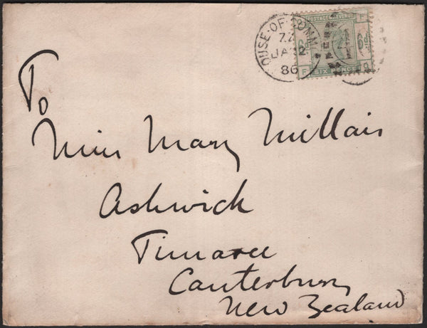 142390 1886 MAIL HOUSE OF COMMONS, LONDON TO NEW ZEALAND 6D GREEN (SG194) 'HOUSE.OF.COMMONS/40' DUPLEX.