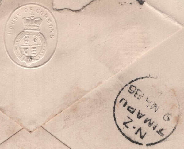 142390 1886 MAIL HOUSE OF COMMONS, LONDON TO NEW ZEALAND 6D GREEN (SG194) 'HOUSE.OF.COMMONS/40' DUPLEX.