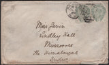 142391 1884 MAIL KILBURN, LONDON TO MUSSOOREE, THE HIMALAYAS, INDIA PAIR 5D GREEN (SG193).