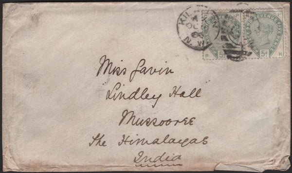 142391 1884 MAIL KILBURN, LONDON TO MUSSOOREE, THE HIMALAYAS, INDIA PAIR 5D GREEN (SG193).